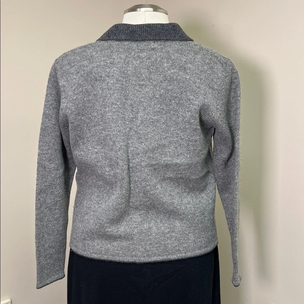 Karen Scott Pure Wool Gray Collared Button Front Embroidered Cardigan Blazer L